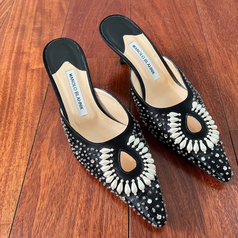 MONOLO BLAHNIK Torna Black Slide with Stones Size 39/8 US size